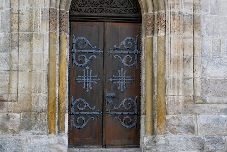 Beautifully detailed wooden door with ironwork in Schwäbisch Gmünd, Germany.